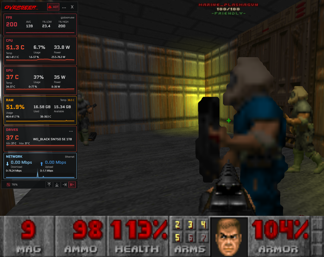 Overseer Sidebar Mode overlay showing FPS, hardware telemetry and network activity during a game